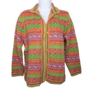 Vintage Karlita Peruvian Alpaca Cardigan Sweater M Multicolor Buttons Collared